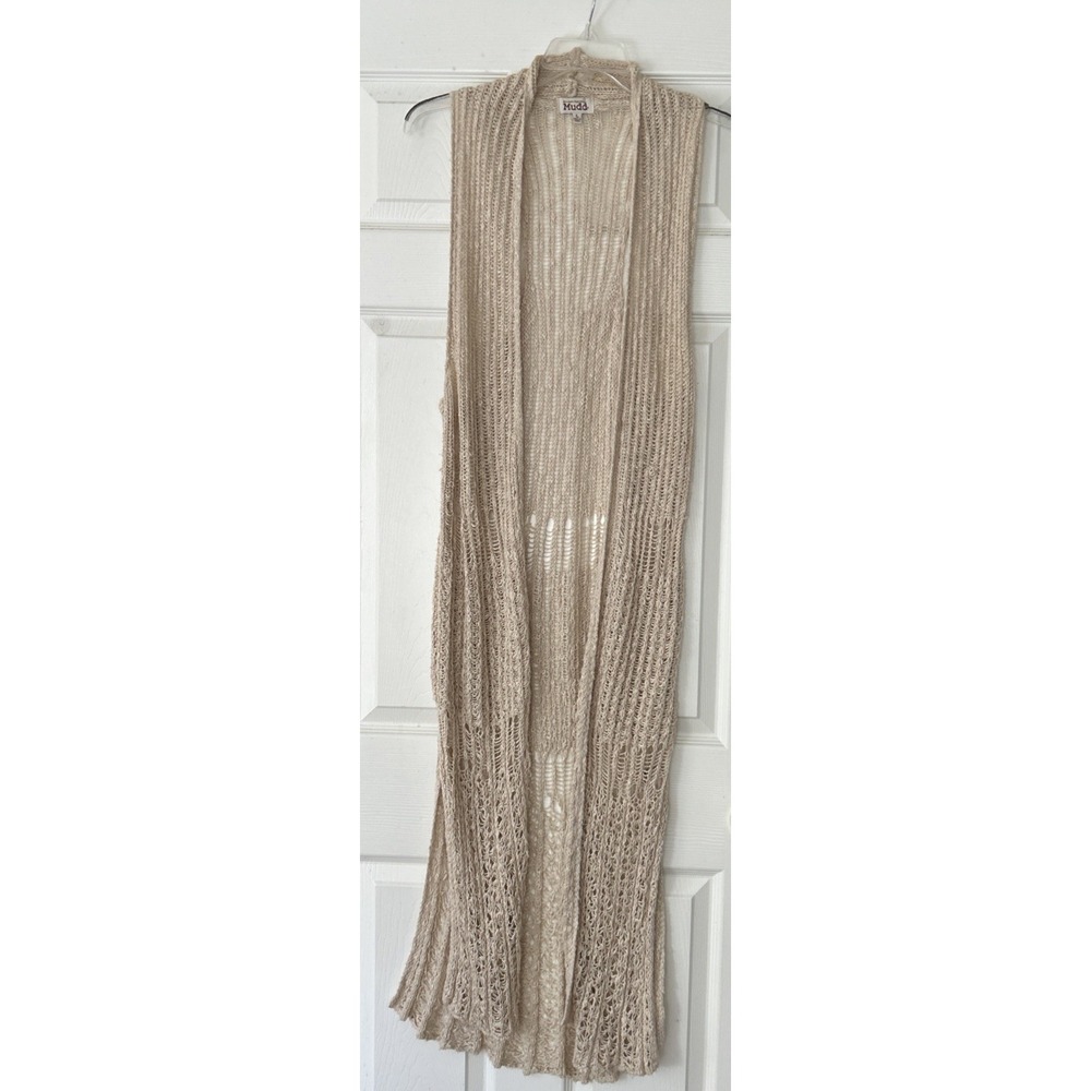 Womens Open Knit Vest Large Maxi Beachy Boho Beige Duster Loose Flowy Festival